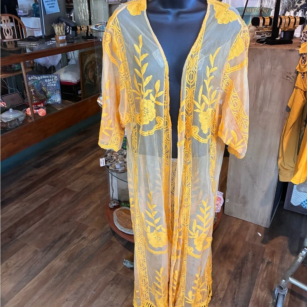 Yellow Embroidered Sheer Kimono Duster Boho Western - Picture 3 of 7